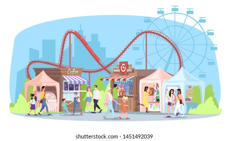 Amusement park flat vector illustration. Roller coaster, ferris wheel, market stalls with food, toys. People walk funfair, circus fair cartoon characters. Kids and adults enjoy fairground attractions