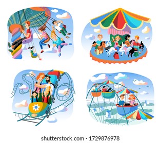 Amusement park flat vector illustrations set. Cheerful parents and children cartoon characters. Happy people ride on carousel, roller coaster and ferris wheel. Active family recreation, entertainment