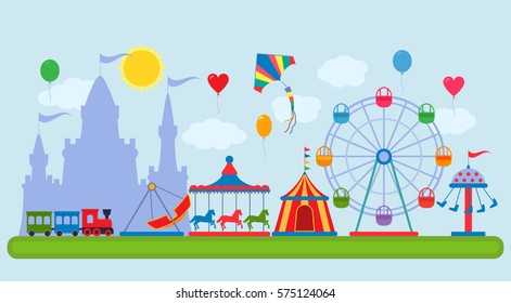 Amusement Park in flat vector style. The concept of fair and amusement.