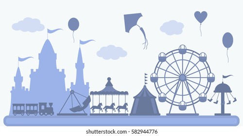 Amusement Park in flat vector style. The concept of fair and amusement.