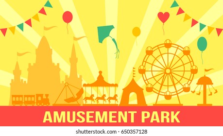 Amusement Park in flat vector style. The concept of fair and amusement.