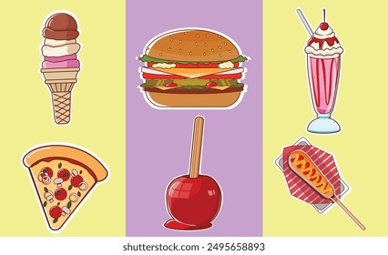 Amusement park food vector set. This vector set includes foods such as ice cream, pizza, burger, candy love apple, sundae ice cream and hot dog on a stick.Ideal for stickers