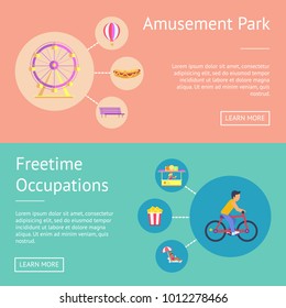 Amusement park and freetime occupation, web pages set with text and headline with buttons, kid riding bicycle and ferris wheel vector illustration