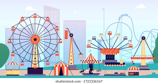 Amusement park. Fun fair, circus entertainment or carnival. Recreation with roller coaster and ferris wheel. Vector fairground background