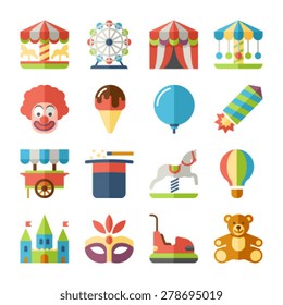 Amusement park fun fairground carnival icons flat set isolated vector illustration