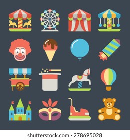 Amusement park fun fairground carnival flat icons set isolated vector illustration