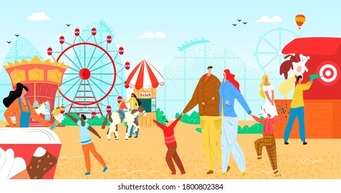 Amusement park with fun flat carousel vector illustration. Vacation entertainment, fair wheel at carnival festival for people character. Roller attraction at funfair design, recreation holiday.