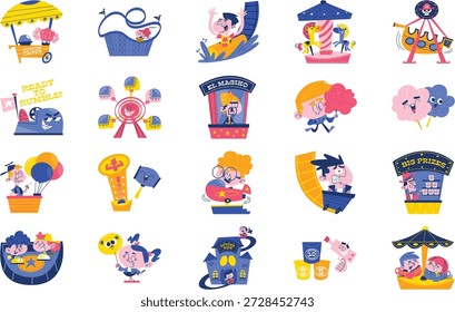 Parque De Atracciones Y Ilustración vectorial De Ilustraciones Divertidas. Plantilla de diseño de símbolos de ilustración para elemento de interfaz de usuario móvil de Web.