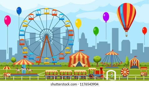 Amusement Park. Fun Park Vector Theme, Kids Carnival Entertainments Daytime, Children Amusing Attractions Cartoon Illustration