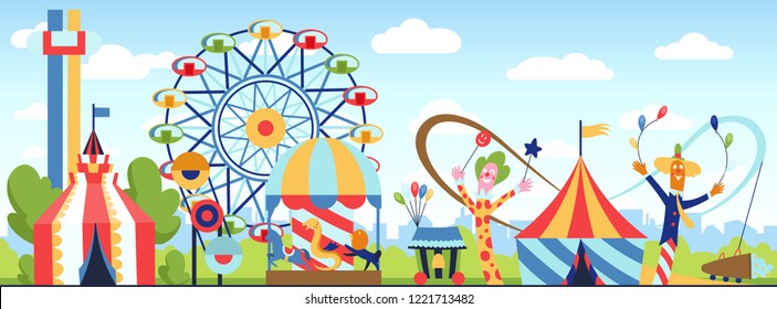 Amusement Park. Fun Park Vector Theme, Kids Carnival Entertainments Daytime, Children Amusing Attractions Cartoon Illustration.