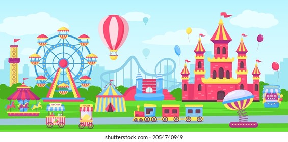 Amusement park with funfair attractions, carnival fairground rides. Cartoon circus tent, children castle, rollercoaster Vector illustration. Playground for id recreation and entertainment