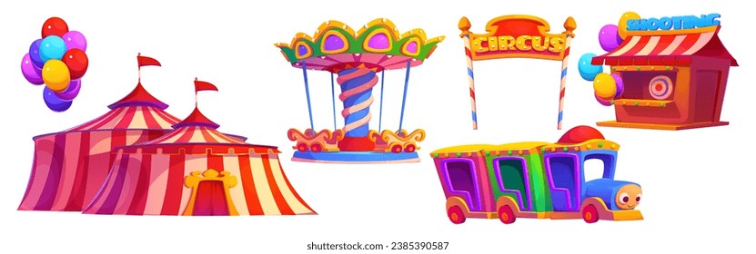 Amusement park and funfair, carnival elements set. Cartoon vector illustration collection of fairground items - circus tent and colorful balloons, carousel and children train, shooting game kiosk.