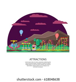 Amusement park or funfair concept with roller coaster swing attraction ticket window and balloons vector illustration