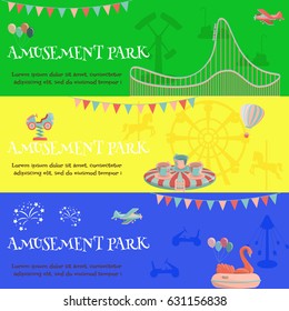 Amusement park funfair horizontal banner with rides. Vector illustration.