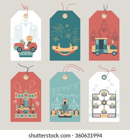 Amusement park gift tags. Rides for children: carousel, electric cars, ferris wheel, train.