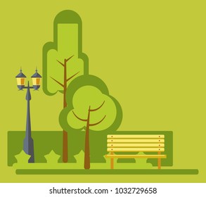 Amusement park green landscape stret lights and bench vector flat design