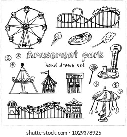 Amusement Park Hand Drawn Doodle Set. Sketches. Vector Illustration For Design And Packages Product. Symbol Collection.