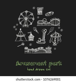 Amusement park hand drawn doodle set. Sketches. Vector illustration for design and packages product. Symbol collection.