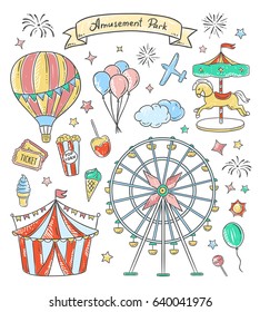 Amusement park hand drawn illustrations. Vintage fair vector elements