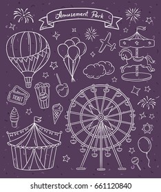 Amusement park hand drawn illustrations. Vintage fair vector elements and outline drawings