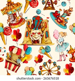 Amusement park hand drawn seamless pattern with family attractions and sweets vector illustration