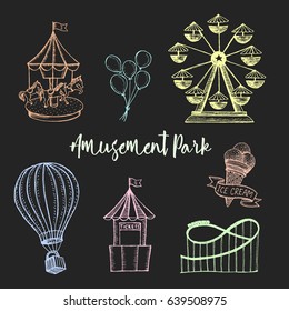 Amusement park hand drawn vector illustration. Colorful sketches ferris wheel, carousel, ice cream, air balloon