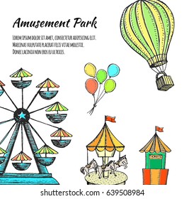 Amusement park hand drawn vector illustration. Colorful sketches attractions, ferris wheel, carousel, ice cream, air balloon for flyer, web banner.