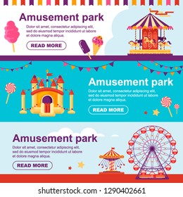 Amusement park horizontal banner with carousel, flags, inflatable trampoline castle, ferris wheel. Set family attractions flyer flat vector illustration