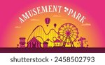 Amusement park horizontal banner design template. Circus carousels roller coaster and attractions. Fun fair and carnival theme landscape. Ferris wheel and merry-go-round festival advertising eps card