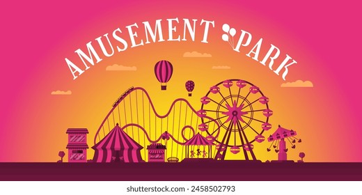 Plantilla de diseño de Anuncio Horizontal del parque de atracciones. Montaña rusa de carruseles de circo y atracciones. Paisaje temático de feria y carnaval. Tarjeta de EPS de publicidad de la rueda de la fortuna y del festival