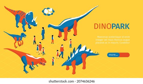 Amusement park horizontal banner with dinosaurs and children isometric vector illustration