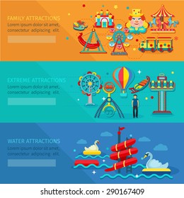 Amusement park horizontal banner set with water family extreme attractions flat elements isolated vector illustration