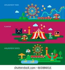 Amusement park horizontal banners set with funfair symbols flat isolated vector illustration 