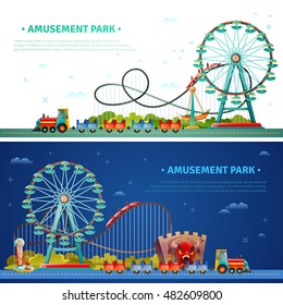 Amusement Park Horizontal Flat Banners With Kids Train Ferris Wheel Roller Coaster Icons Compositions Vector Illustration