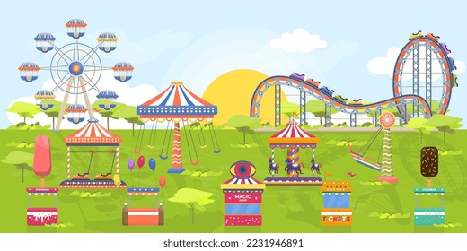 Amusement park horizontal landscape illustration. Activity in summer: carousel, ferries wheel, roller coaster. Entertainment recreation concept. Flat vector.