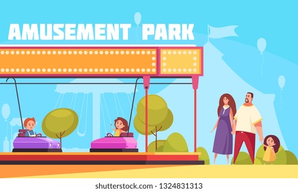 Amusement park horizontal vector illustration with mother father and kids cartoon characters coming for family vacation