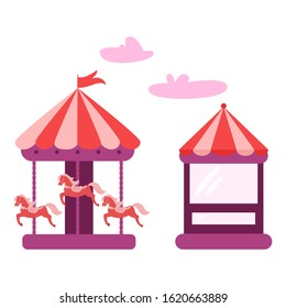 Amusement park with horse carousel. Beautiful attraction in retro style. Merry go round in the amusement park. Vector illustration in cartoon style