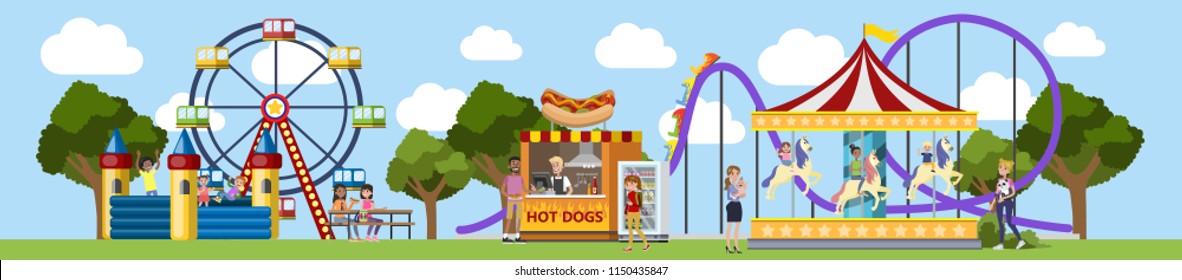 Amusement park with hot dogs and carousels. Children and their parents have fun in the park. Urban summer landscape. Flat vector illustration