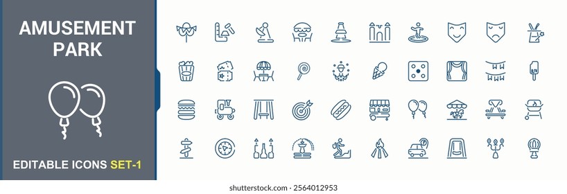 Amusement Park icon pack. Contains such icons as train, game, ice, emotion, kid, cars, kids and more. Minimalist thin outline icons pack. Vector icons editable stroke.