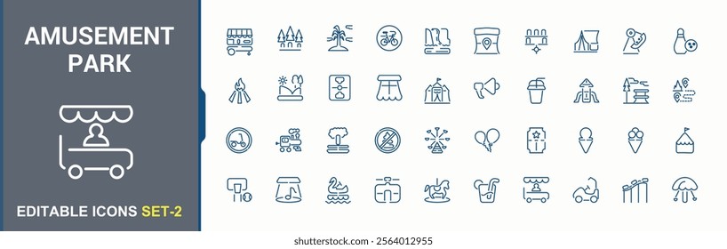 Amusement Park icon pack. Contains such icons as train, game, ice, emotion, kid, cars, kids and more. Minimalist thin outline icons pack. Vector icons editable stroke.