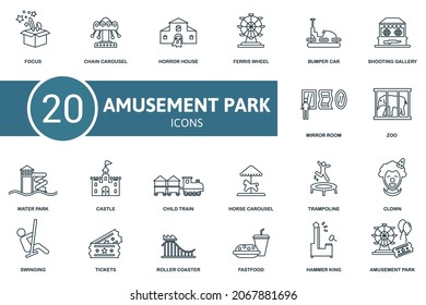 Amusement Park icon set. Collection of simple elements such as the focus, chain carousel, horror house, zoo, water park, child train, ferris wheel.