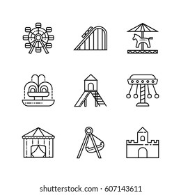 Amusement Park Icon Set. Collection Of Fair, Amusement Park Outline Vector Icons. 