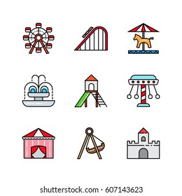 Amusement Park Icon Set. Collection Of Fair, Amusement Park Outline Vector Icons. 