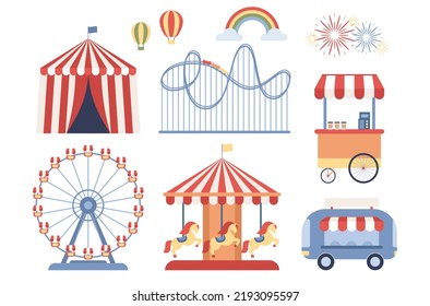 Juego de iconos del parque de atracciones. Monstruo, caballos de carrusel o carruaje, carpa de circo, rueda de ferris, carrusel de hongos, globos de aire caliente. Ilustración plana del vector 
