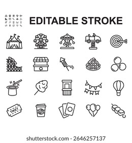 Amusement park icon set. Thin line style vector.
