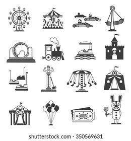 Amusement park icons black set with ferries wheel and rollercoaster symbols isolated vector illustration