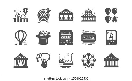 Amusement park icons. Carousel, Roller coaster and Circus. Ferris wheel classic icon set. Quality set. Vector