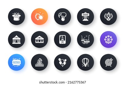 Amusement park icons. Carousel, Roller coaster and Circus. Clown classic icon set. Circle web buttons. Vector