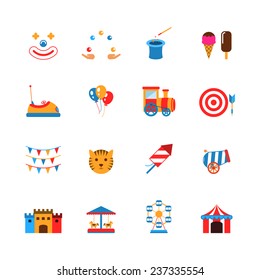 Amusement park icons flat set with clown juggler balloons isolated vector illustration
