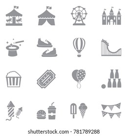 Amusement Park Icons. Gray Flat Design. Vector Illustration. 